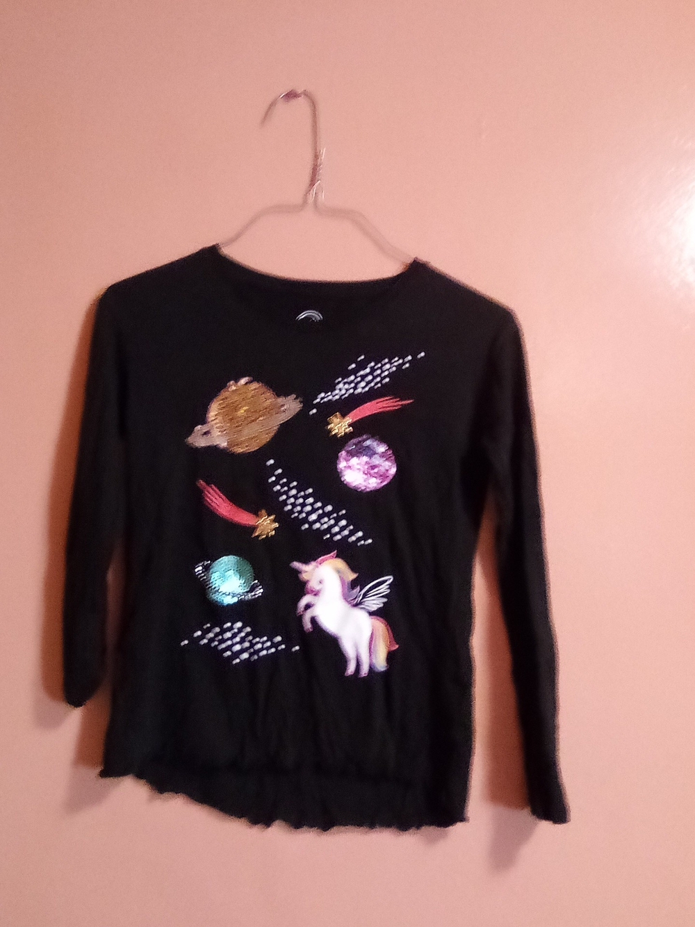 Black Long-Sleeve Top with Multicolor Unicorn & Sequin Planets ( Bag H )